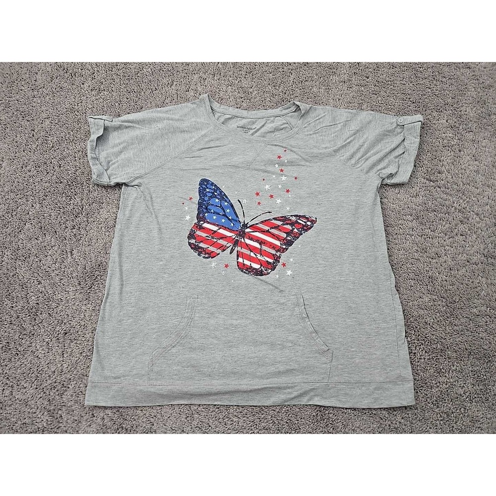 Woman‎ Within Blouse Womens L Gray Cuffed Butterfly Kangaroo Pocket Patriotic